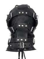 Load image into Gallery viewer, Three-quarter angle: studded black leather hood with layered straps
