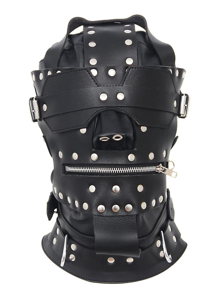 Front view: studded leather bondage hood mask with zipper panel