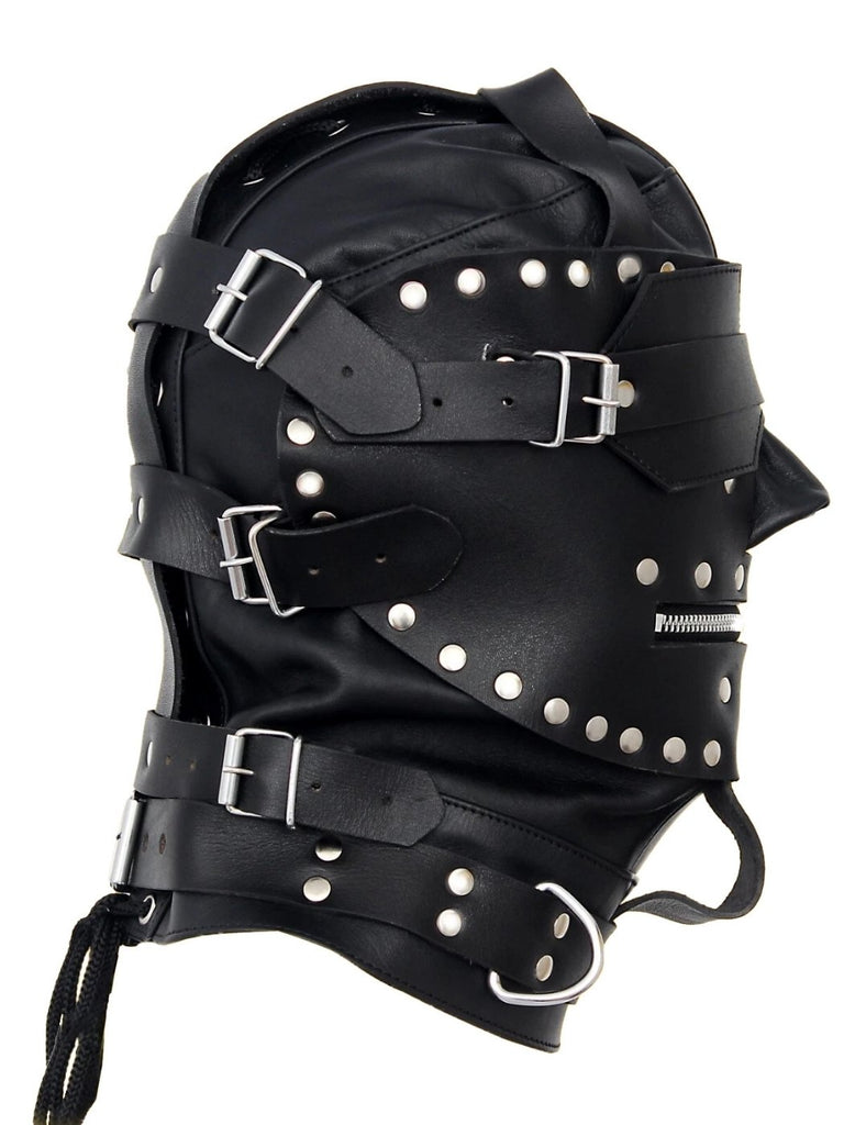 Side profile: buckle straps and D-ring hardware on leather hood
