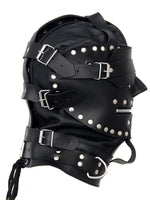 Load image into Gallery viewer, Side profile: buckle straps and D-ring hardware on leather hood
