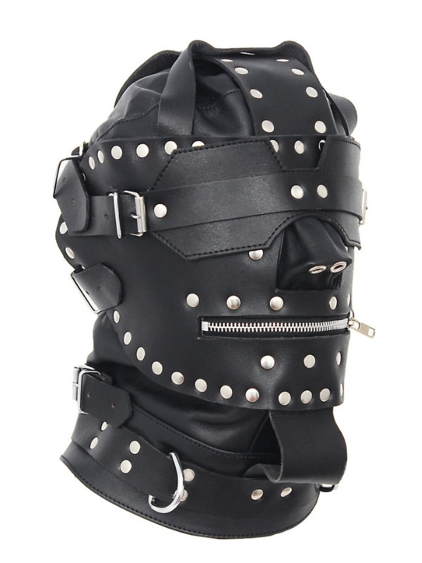 Front close-up: black leather face mask with studs and vents