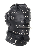 Load image into Gallery viewer, Front close-up: black leather face mask with studs and vents
