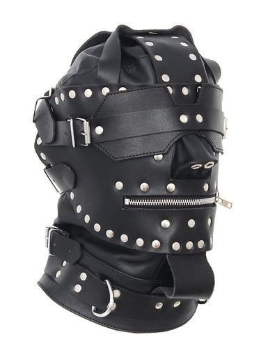 Front close-up: black leather face mask with studs and vents