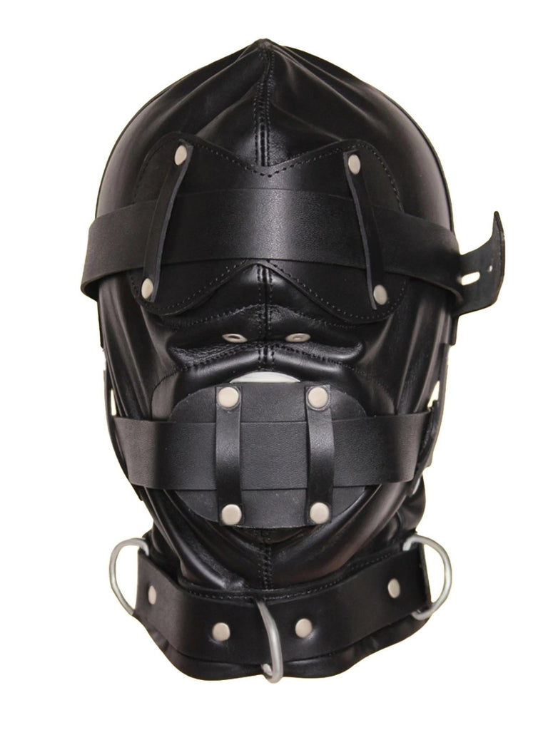 Full-face gimp hood style leather mask with round gag openings