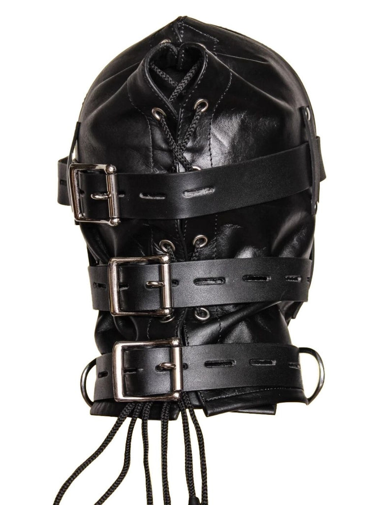 Back lacing of Leather Gag Hood Mask with multiple buckles