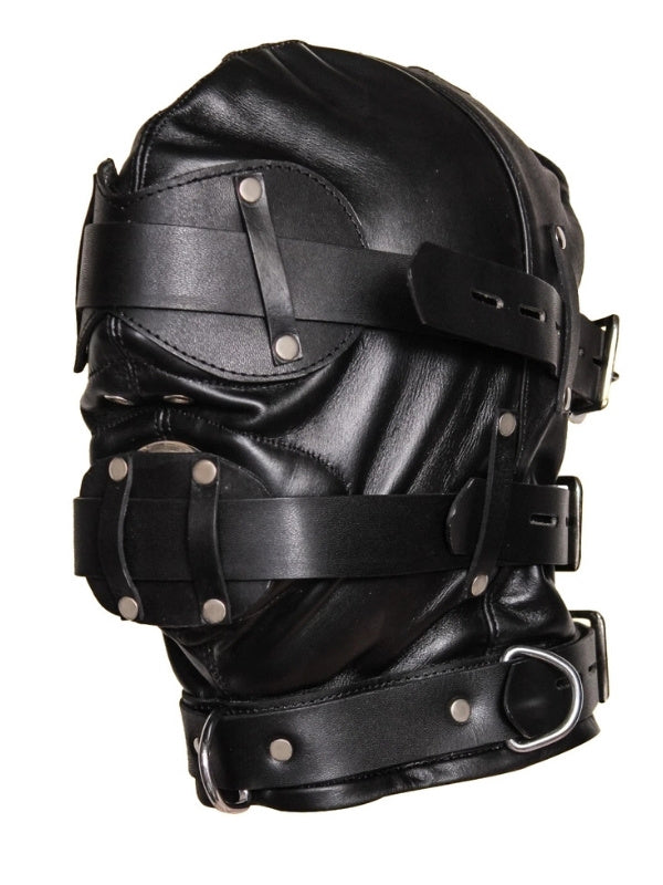 Leather Gag Hood Mask front with gag insert and straps