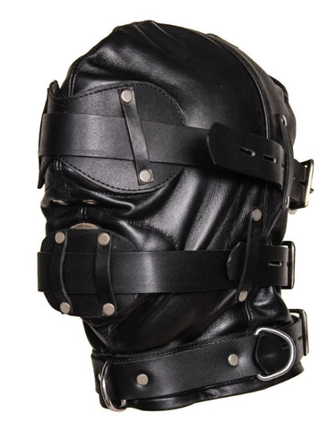 Leather Gag Hood Mask front with gag insert and straps