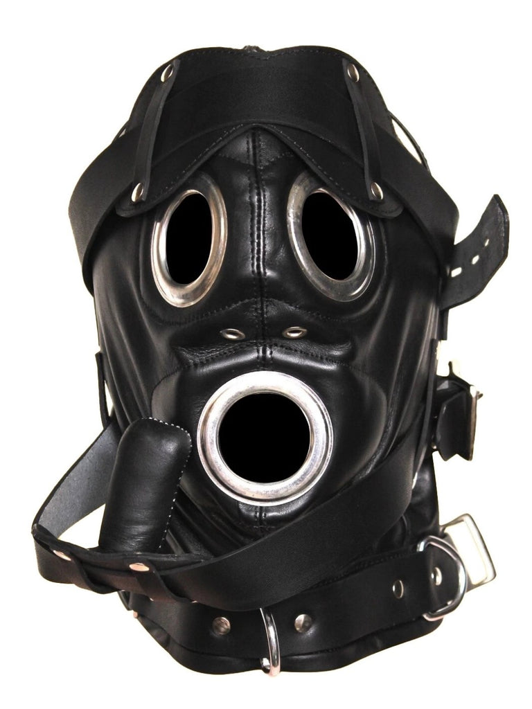 Black leather bondage gas mask style hood with metal-rimmed holes
