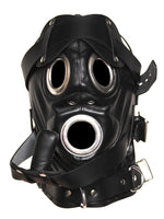 Lade das Bild in den Galerie-Viewer, Black leather bondage gas mask style hood with metal-rimmed holes
