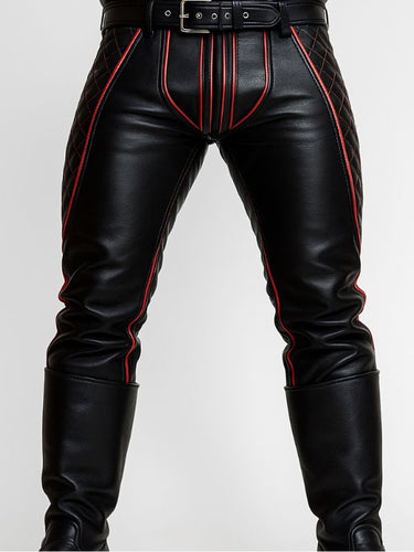 Front view of Leathermen Quilted Pants with red piping and tight leather fit
