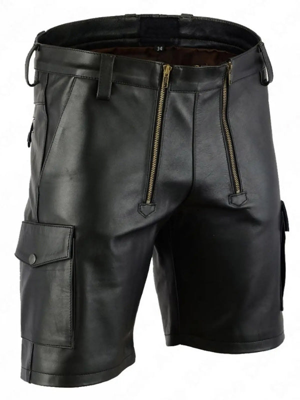 Dual Zipper Access Leather Cargo Shorts