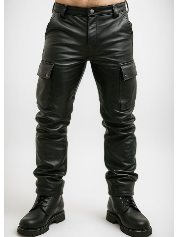 Men’s Leather Cargo Pants in black cowhide – low-rise fit and six-pocket design for gay leathermen by Leather Gear