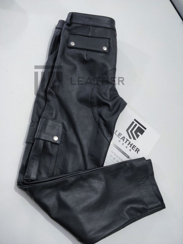 Folded back of leather cargo pants – full-grain cowhide, double-stitched seams, and leather bar uniform styling