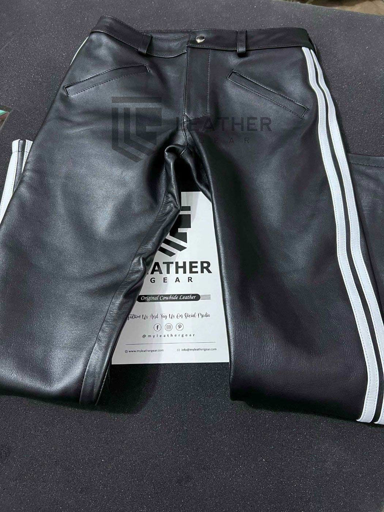 mens leather jeans with white stripes. fetish pants for gay leather gear looks.