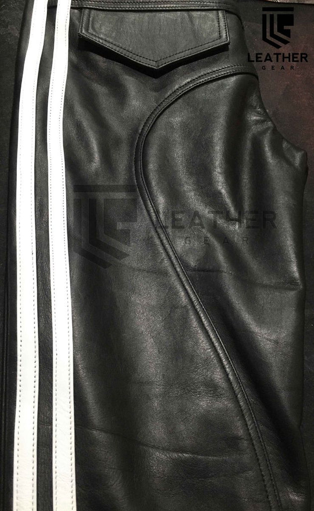 Side folded flat view of white-striped leather pants – slim-cut fetishwear by Leather Gear