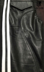 Lade das Bild in den Galerie-Viewer, Side folded flat view of white-striped leather pants – slim-cut fetishwear by Leather Gear
