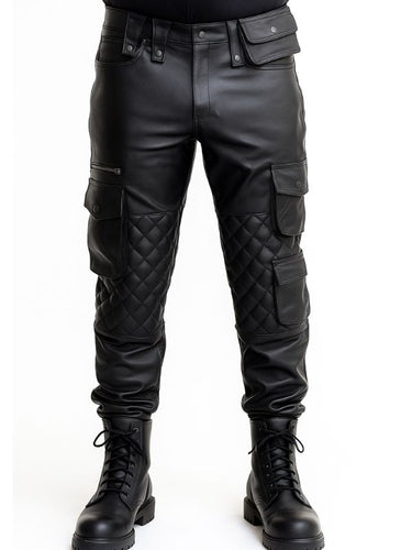 Gay leatherman wearing padded black leather cargo pants with front view – Leather Gear