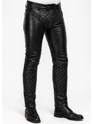 Front view of Premium Quilted Leather Pants – tight black leather pants with padded knees and codpiece for gay leathermen
