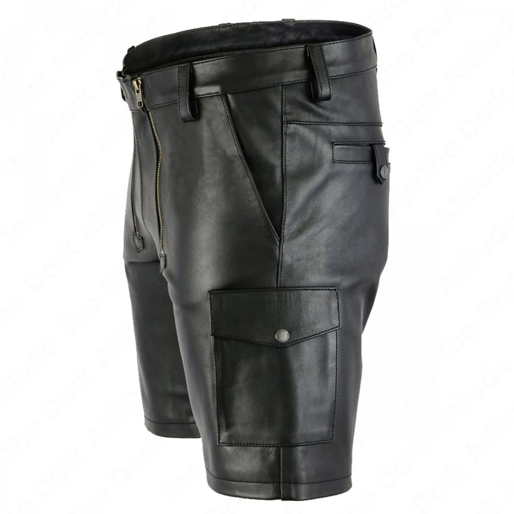 Dual Zipper Access Leather Cargo Shorts