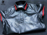 Lade das Bild in den Galerie-Viewer, Leather fetish polo shirt flat view with red piping for gay leather outfits.
