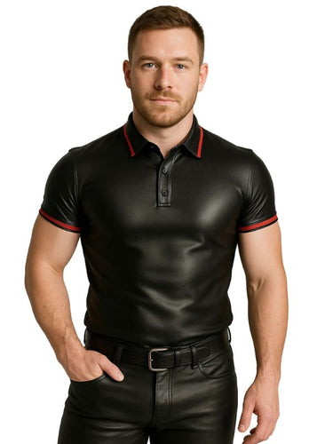 Model wearing skinny fit black leather polo shirt with red piping – gay leather fetish clothing