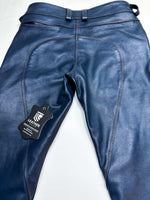 Charger l'image dans la galerie, Blue leather pants with a brand tag on a white background
