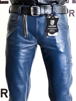 Charger l'image dans la galerie, Blue leather pants with a visible brand tag on a white background
