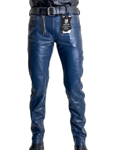 Blue leather pants with a visible brand tag on a white background