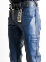 Charger l'image dans la galerie, Blue leather pants with a visible brand tag on a white background
