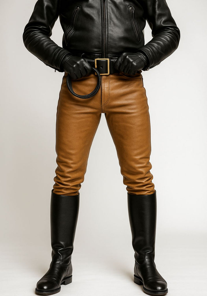 front view showing slim leg cut and zipper fly – handcrafted tan leather pants for leather gay pride fashion