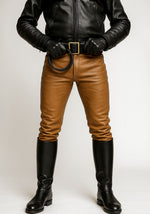 Load image into Gallery viewer, front view showing slim leg cut and zipper fly – handcrafted tan leather pants for leather gay pride fashion
