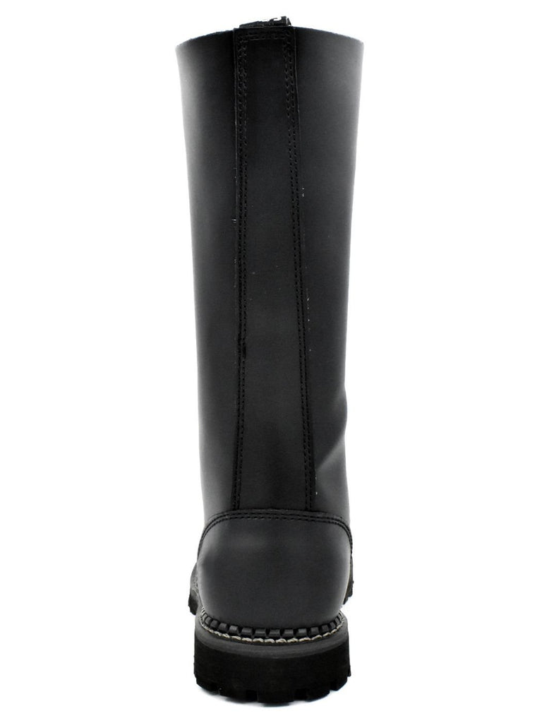 Rear view of The 20-Hole Dominator Boots – black leather fetish boots with lugged heel and high-calf shaft