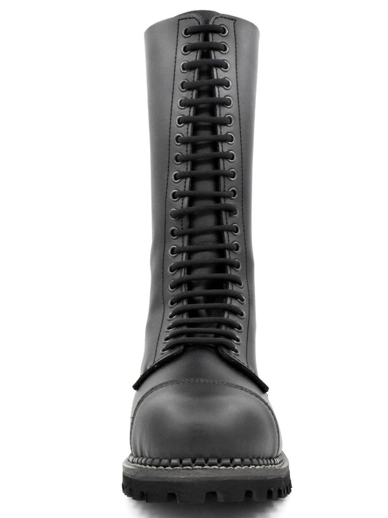 Front-facing image of tall gay leather BLUF boots – 20-hole lace-up black combat boots with commanding presence