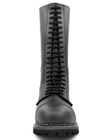 Charger l&#39;image dans la galerie, Front-facing image of tall gay leather BLUF boots – 20-hole lace-up black combat boots with commanding presence
