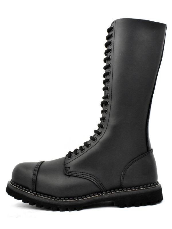 Left side view of The 20-Hole Dominator Boots – tall black gay leather combat boots with steel toe and full lace-up shaft