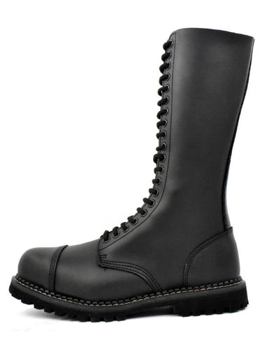 Left side view of The 20-Hole Dominator Boots – tall black gay leather combat boots with steel toe and full lace-up shaft