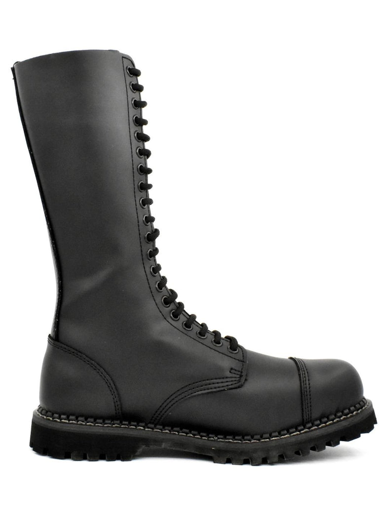 Right side view of 20-hole fetish leather boots – black full-grain gay biker boots with lug sole and steel toe by Leather Gear