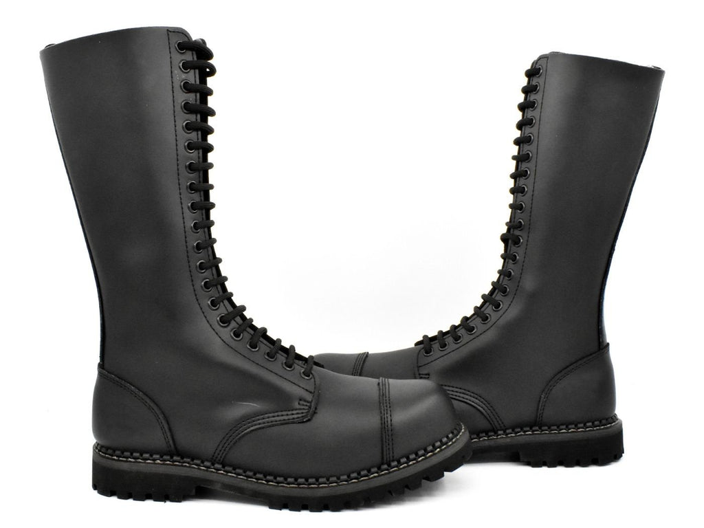 Pair of 20-hole Dominator black leather boots – steel toe gay fetish boots for BLUF, motorcycle, and leather uniform outfits by leather gear