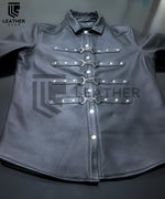 Lade das Bild in den Galerie-Viewer, Full-body front angle of buckled leather fetish shirt for BLUF and uniform looks
