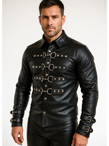 Front view of long-sleeve black leather shirt with bold buckle straps and epaulettes
