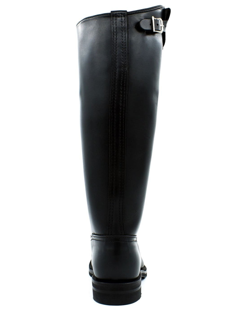 Back View of Black Gay Uniform Boots with Adjustable Buckle – Leather Fetish Design