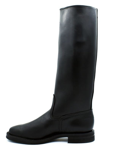Left side view of The Elite Patrol Leather Boots, showcasing the sleek black leather and 16-inch shaft