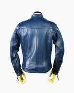 Lade das Bild in den Galerie-Viewer, ack view of The Maverick Leather Jacket showing structured shoulders and premium navy cowhide leather – ideal for BLUF and gay motorcycle gear.

