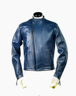 Lade das Bild in den Galerie-Viewer, Front view of The Maverick Leather Jacket in navy leather, showcasing asymmetrical zipper, wide lapels, and belted waist for gay leather fetish wear.
