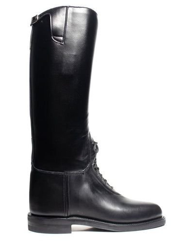 right side view of The Patrol Commander Boots – tall black leather uniform boots with top buckle and closed lacing for black gay leather gear