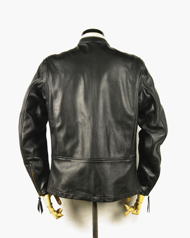 Back view of The Rider Leather Jacket highlighting the bi-swing back panel, smooth black leather finish, and squared hemline — built for motorcycle and fetish wear.