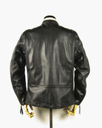 Lade das Bild in den Galerie-Viewer, Back view of The Rider Leather Jacket highlighting the bi-swing back panel, smooth black leather finish, and squared hemline — built for motorcycle and fetish wear.

