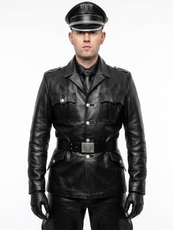 BLUF VK79 leather uniform coat front view black cowhide leather jacket