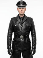Load image into Gallery viewer, BLUF VK79 leather uniform coat front view black cowhide leather jacket
