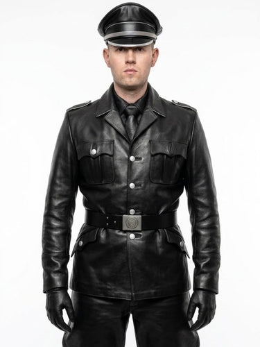 BLUF VK79 leather uniform coat front view black cowhide leather jacket